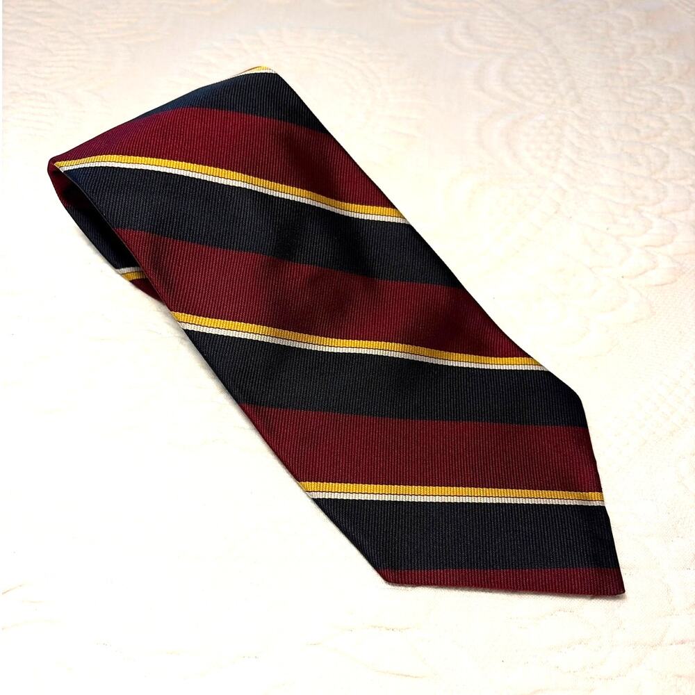Meeting Street 100% Silk Necktie Handmade Italy Burgundy Navy Gold Repp Stripe